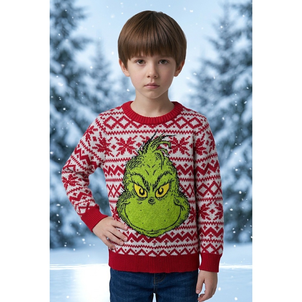Dr Seuss The Grinch Kids Christmas Sweater Red White Fair Isle Knit Size S 6-7